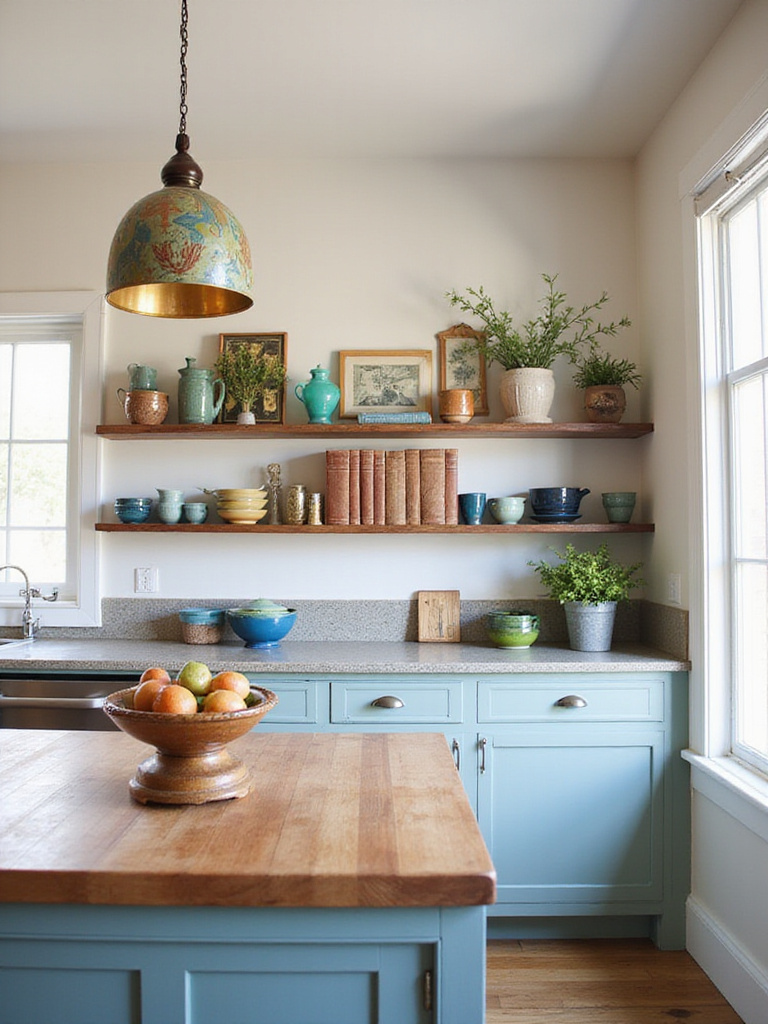 Kitchen renovation showcasing personal style with open shelves displaying colorful pottery and cookbooks, a unique pendant light, and framed art.