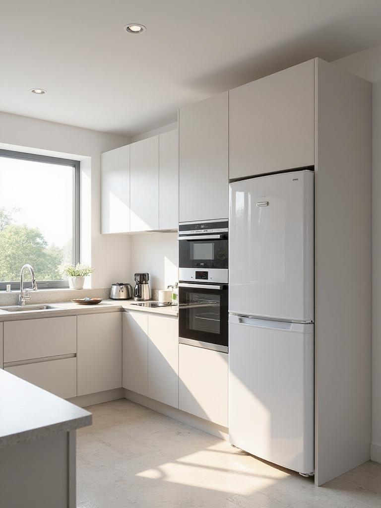 Modern kitchen design showcasing seamlessly integrated appliances, including a panel-ready refrigerator and dishwasher, and built-in oven, blending into minimalist cabinetry.