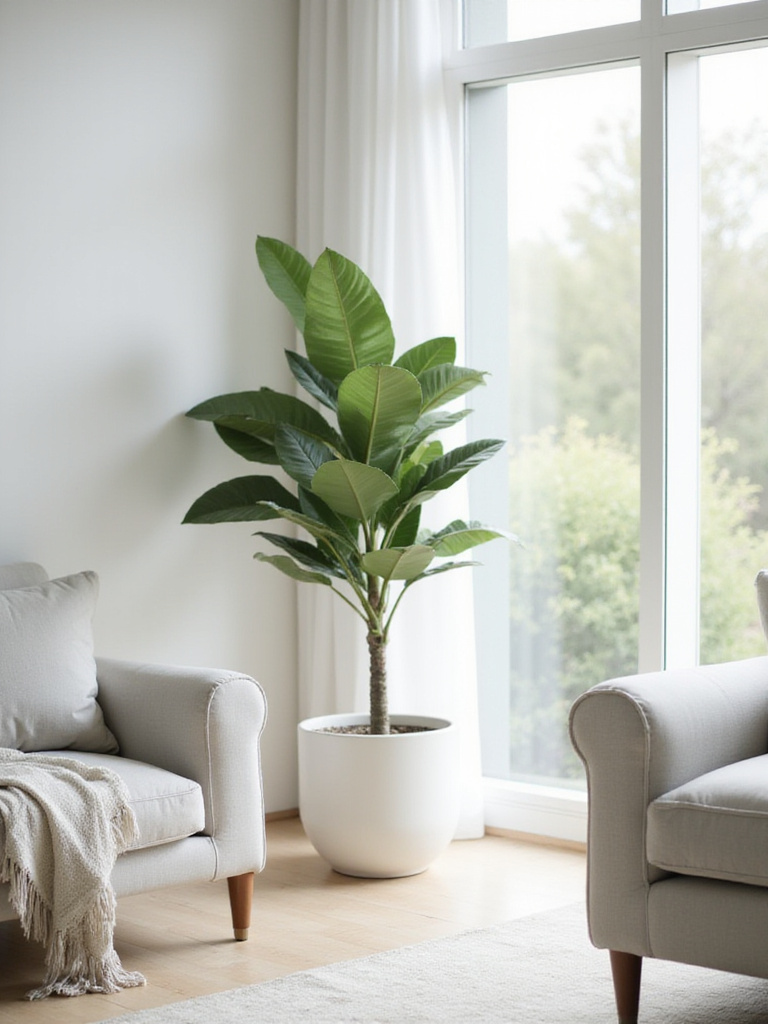 Minimalist living room with a single snake plant in a white pot.