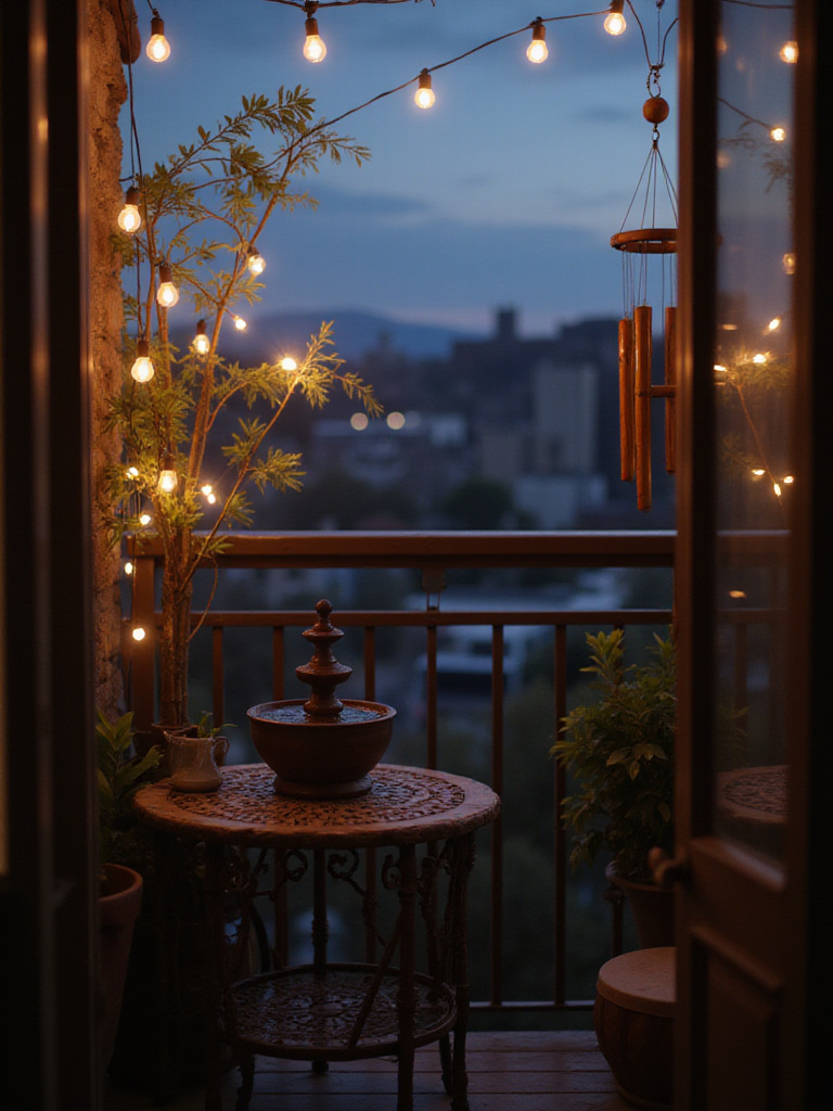 Serene balcony with a small fountain and wind chimes creating a peaceful oasis.