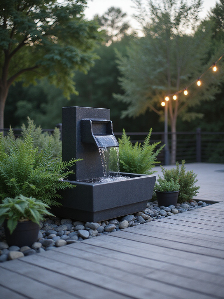 Modern deck with a calming, rectangular water fountain surrounded by river stones and ferns.