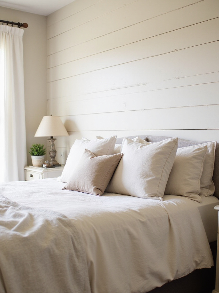 Farmhouse bedroom with white shiplap accent wall behind the bed