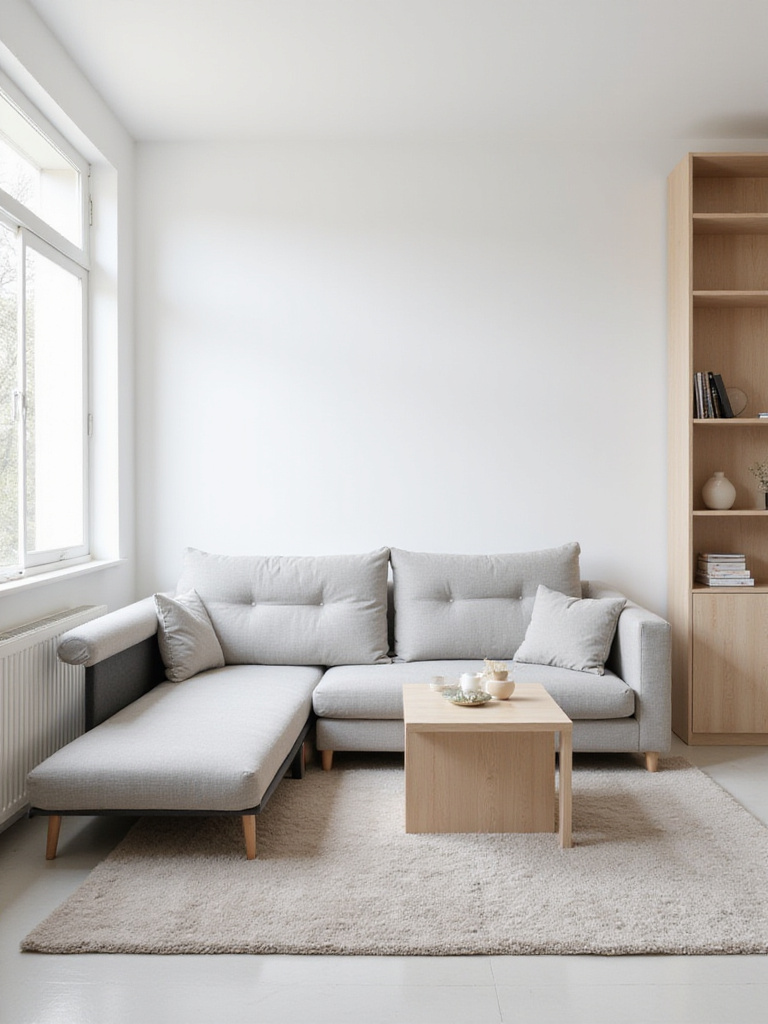 Minimalist living room featuring a sofa bed and storage coffee table.
