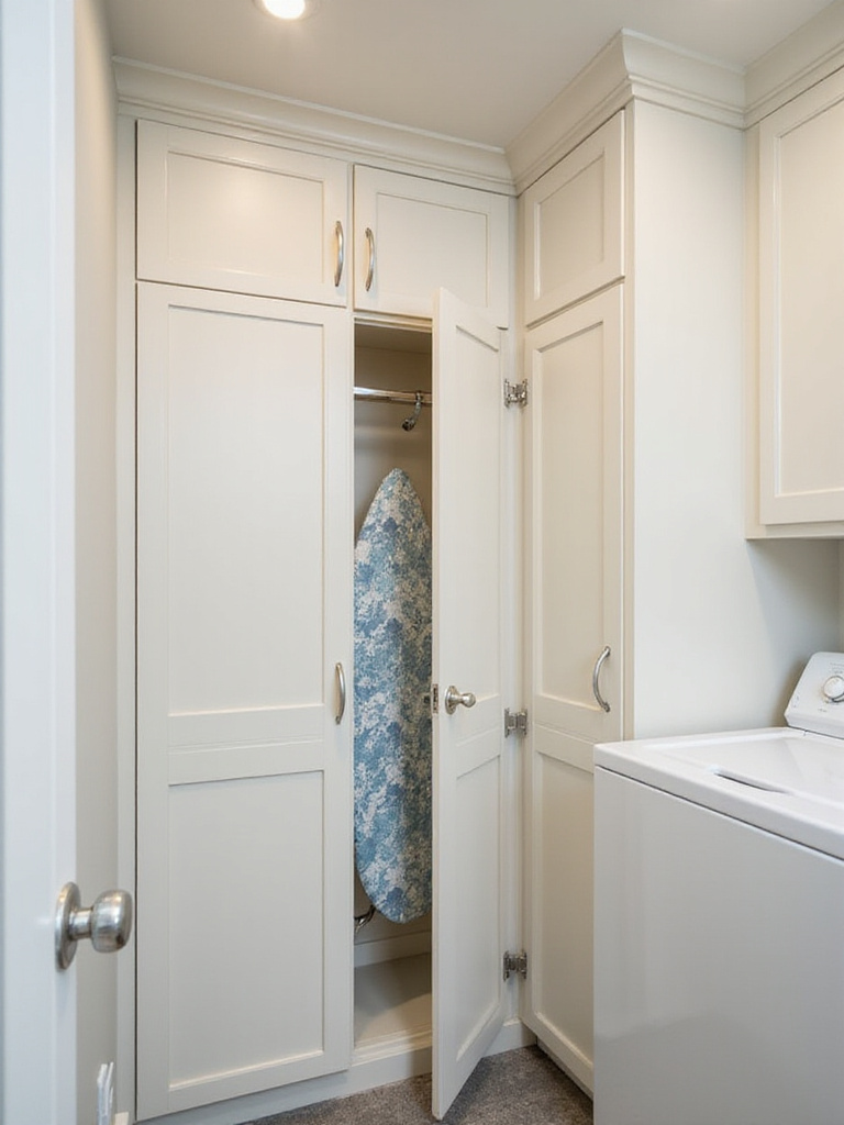 Space-saving built-in ironing board concealed in a laundry room cabinet.
