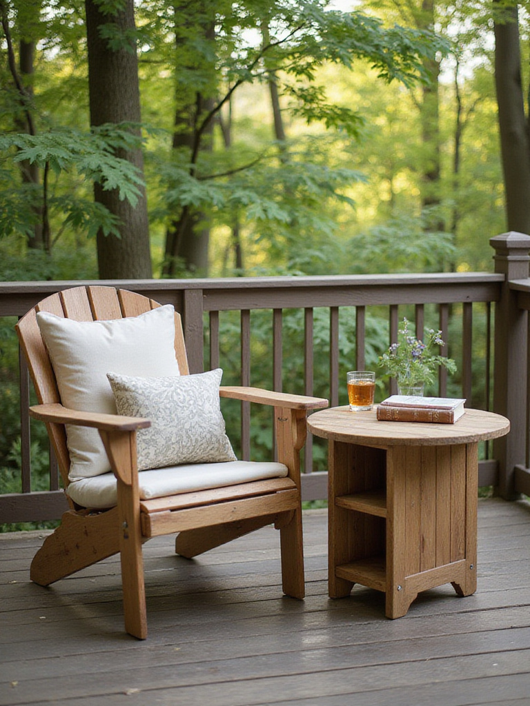 Decking decor featuring a teak side table next to an Adirondack chair, holding drinks and a book.