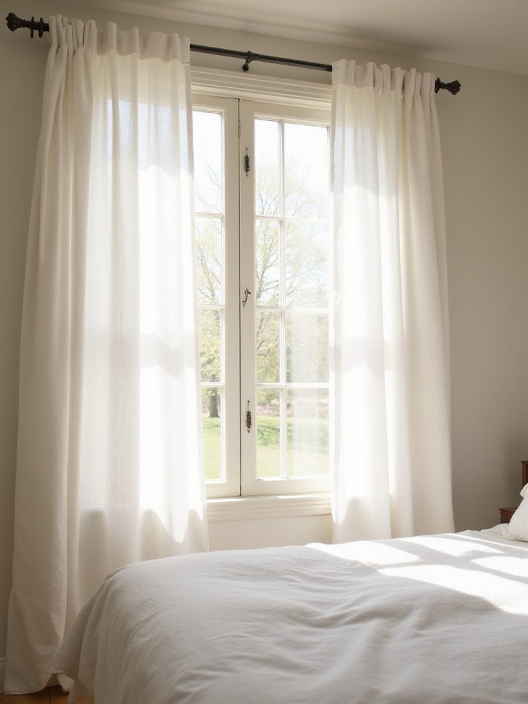 Farmhouse bedroom with simple white linen curtains allowing natural light to stream in.