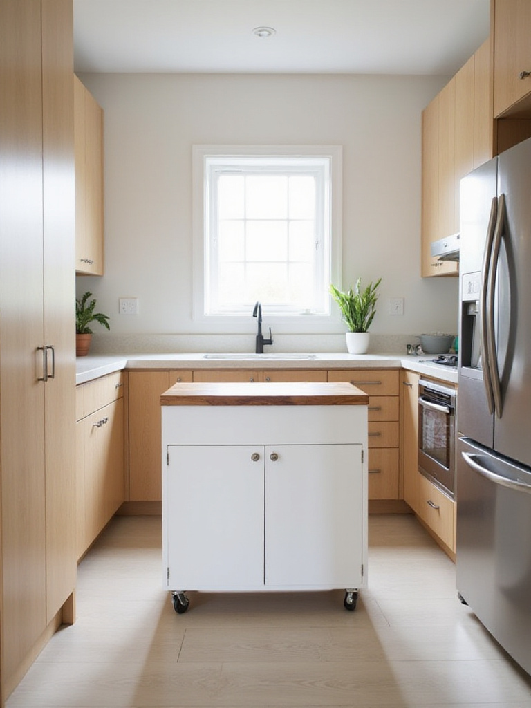 Small kitchen with mobile island for flexible prep and storage