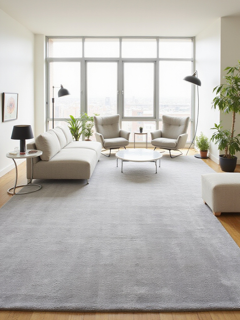 Modern living room with large gray area rug defining the seating area.