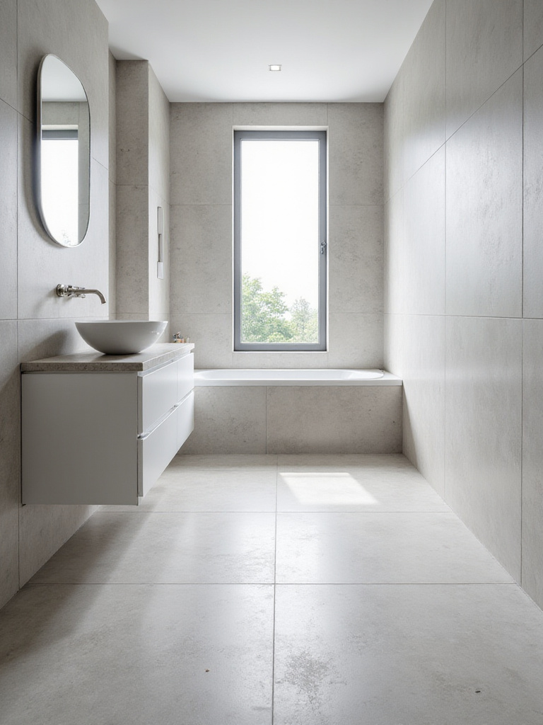 Small bathroom design with large tiles and minimal grout lines for a spacious feel.