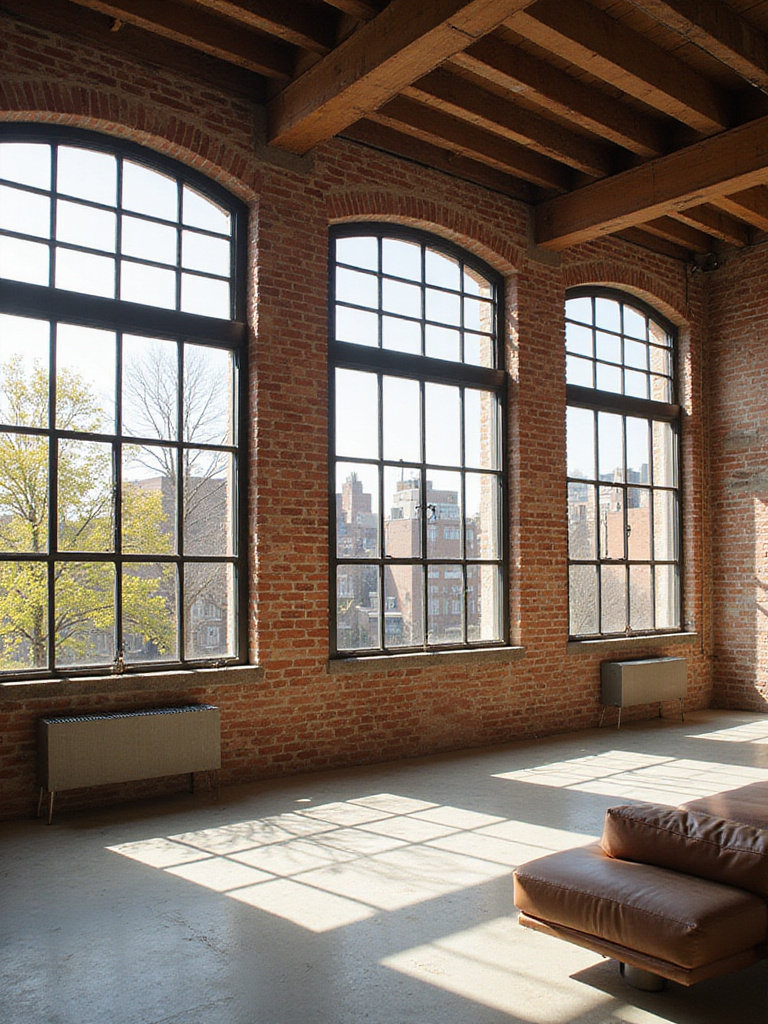 Industrial living room with large windows flooding the space with natural light.