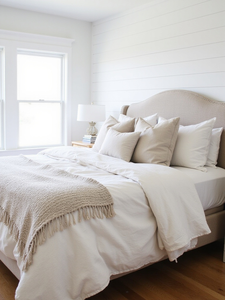 Cozy farmhouse bedroom with layered linen bedding in neutral tones