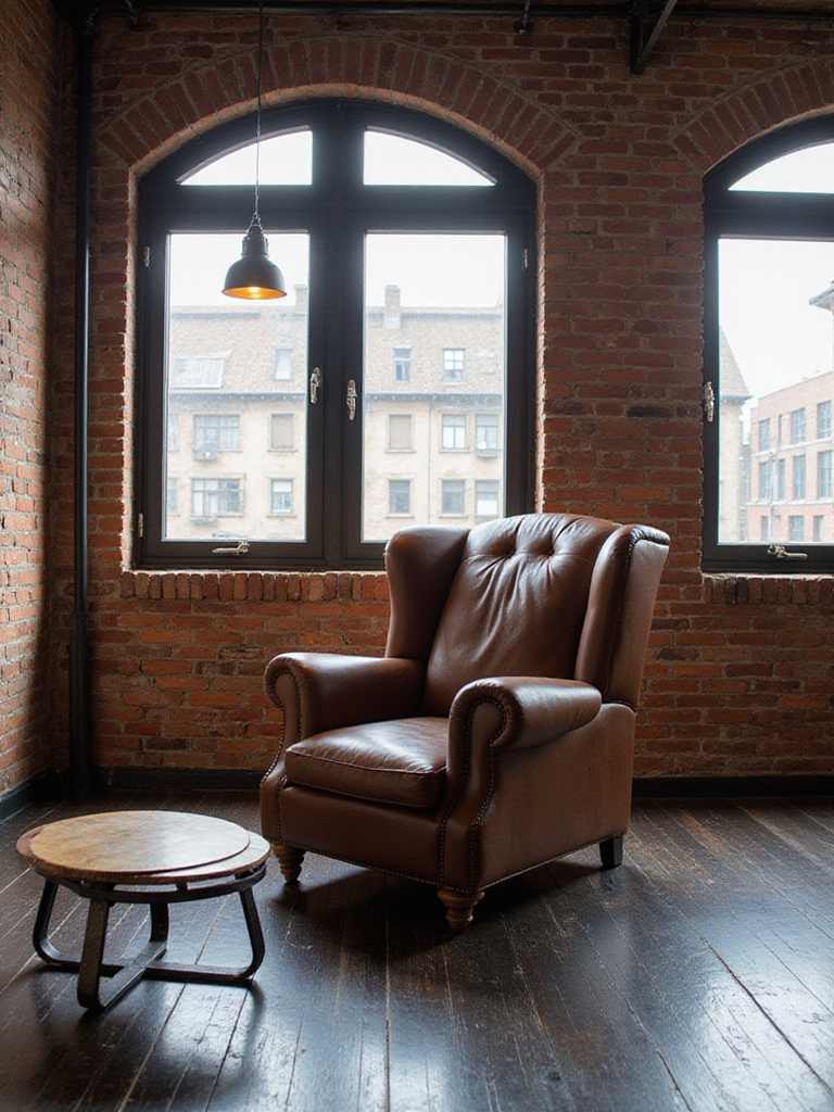 Brown leather club chair in an industrial living room with exposed brick and hardwood floors.