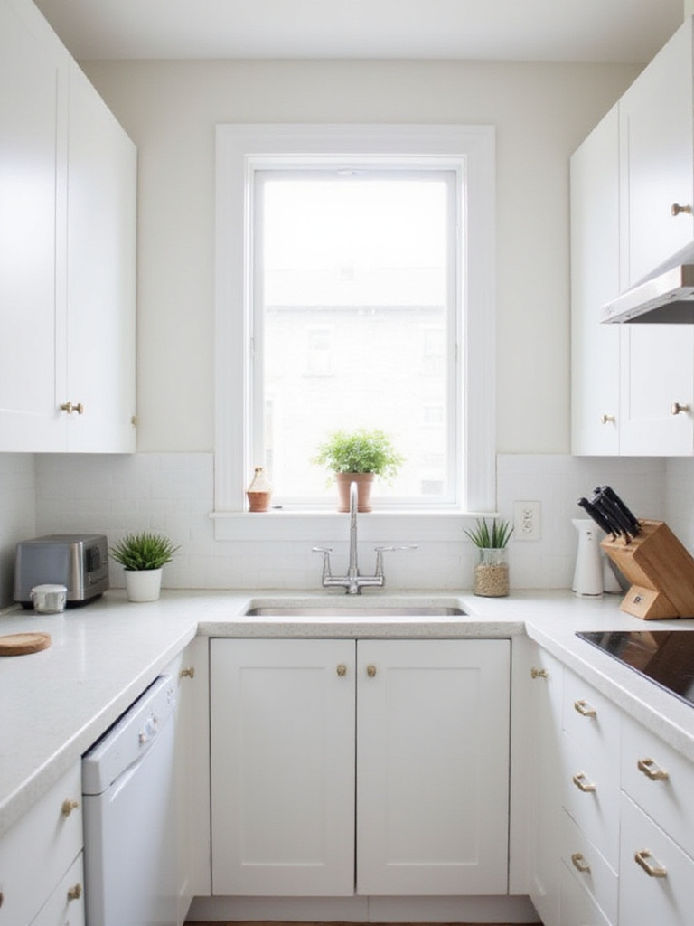 Minimalist small kitchen design with white cabinets and uncluttered countertops.