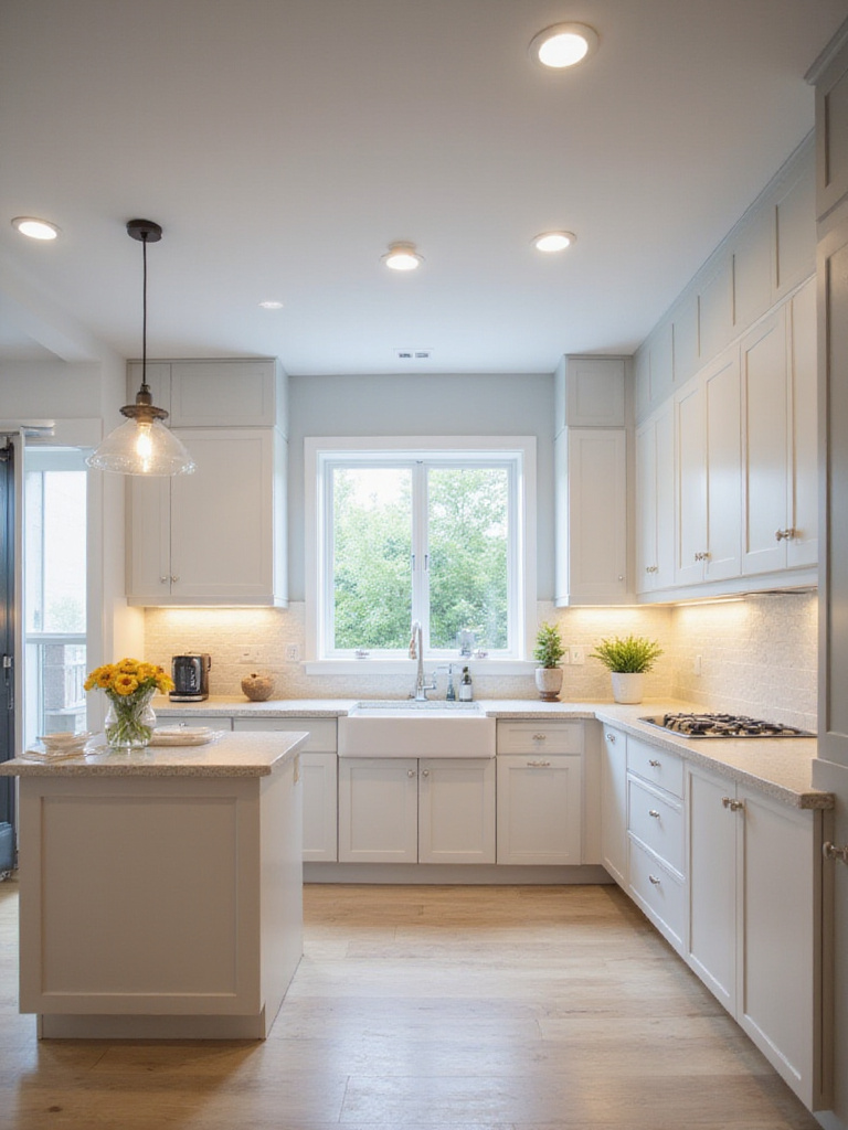 Small kitchen design featuring maximized natural and artificial lighting for a bright and welcoming space.