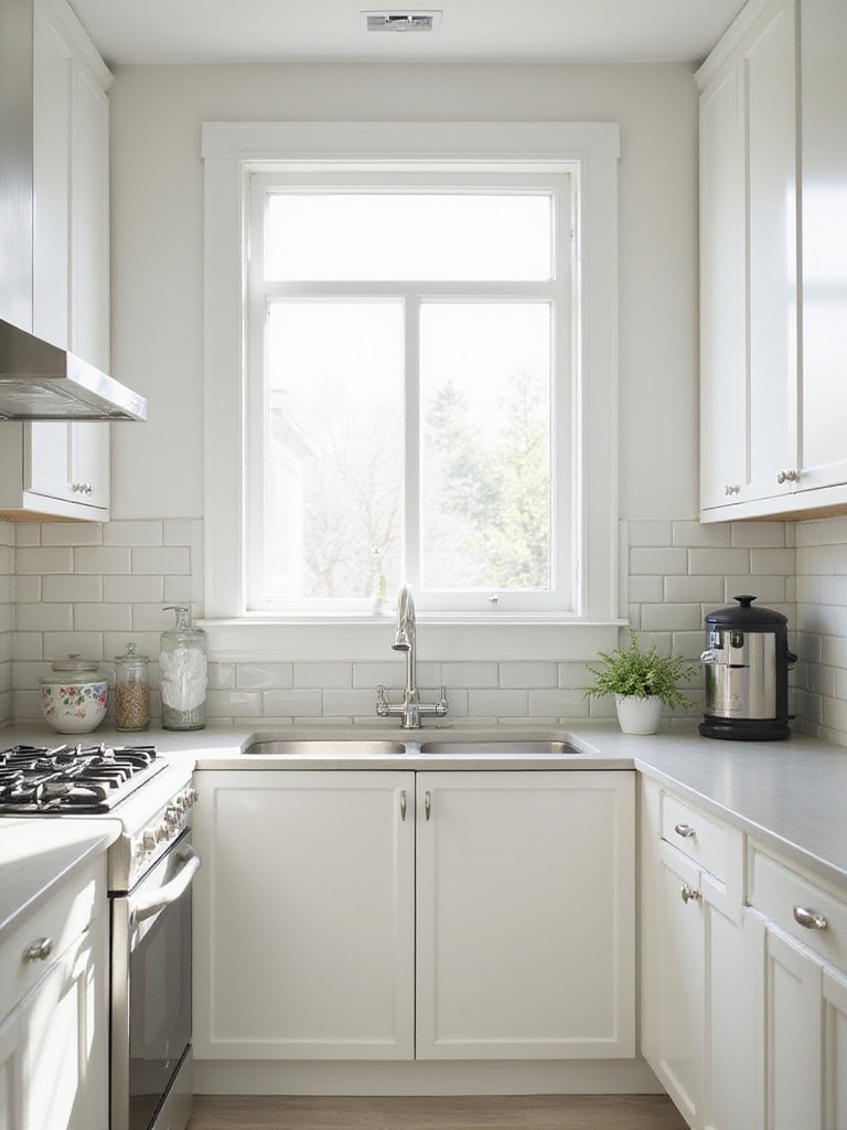 Small kitchen design with light-colored cabinets and countertops, maximizing space and light.