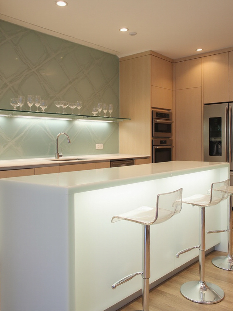 Modern kitchen bar with frosted glass countertop and clear acrylic bar stools