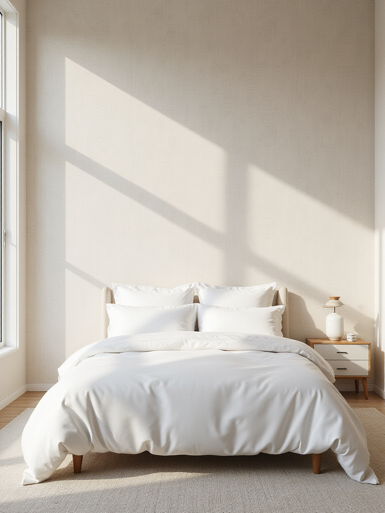 Light and airy master bedroom featuring neutral wallpaper with a subtle textured pattern.