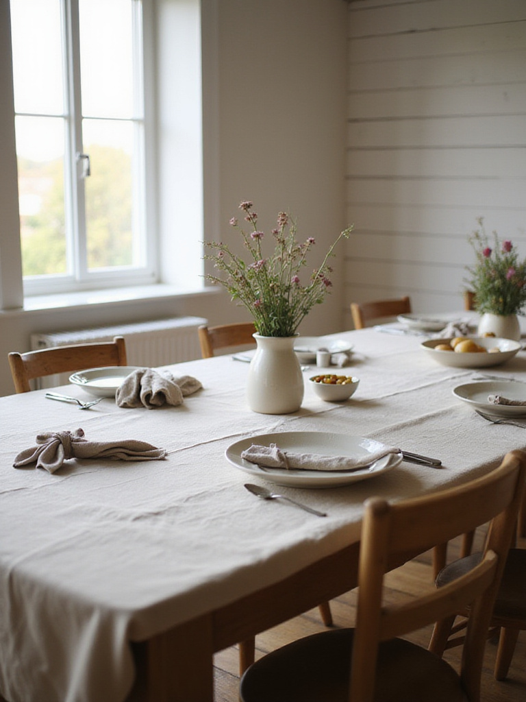 A farmhouse dining table set with a natural linen tablecloth and napkins, creating a warm and inviting atmosphere under soft natural light.