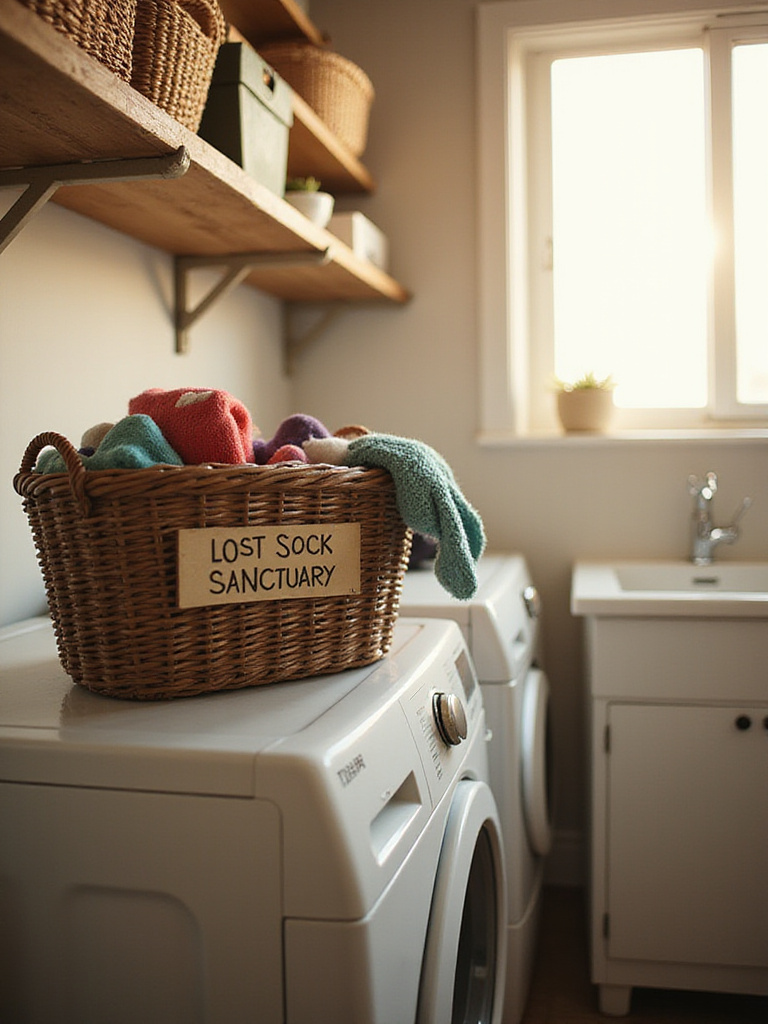 Rustic laundry room with a 'Lost Sock Sanctuary' basket filled with mismatched socks on a shelf.