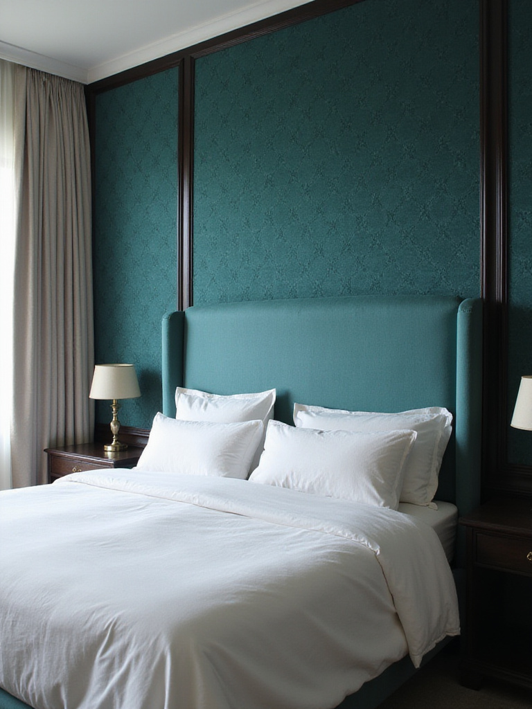 Luxurious master bedroom featuring deep teal velvet fabric wallpaper