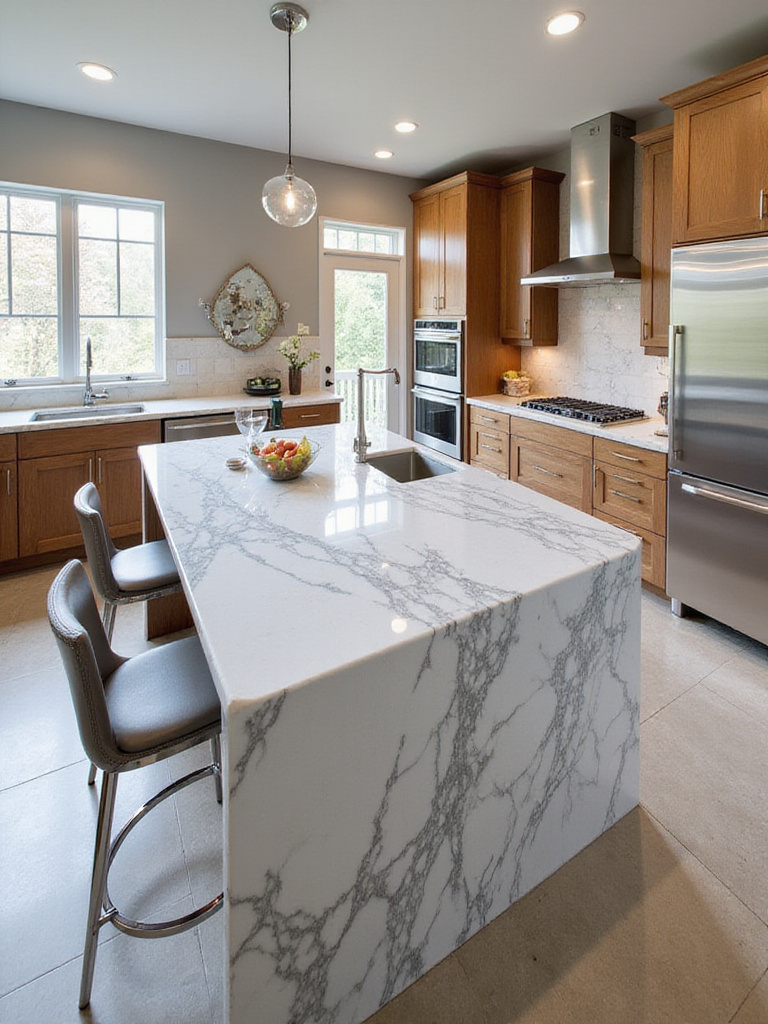 Luxurious kitchen island with marble countertop and waterfall edge.