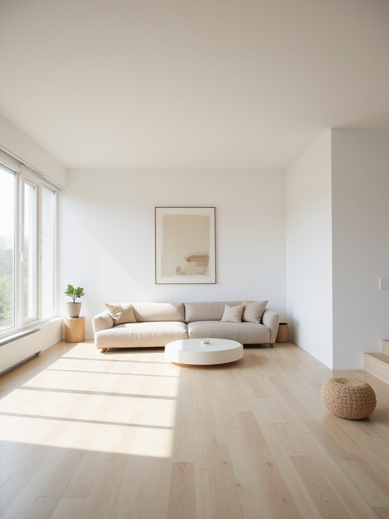 Minimalist living room with ample open space, promoting tranquility.