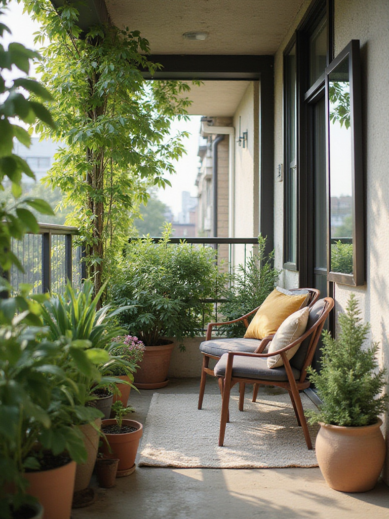 Small apartment balcony with a large mirror creating the illusion of a larger space.