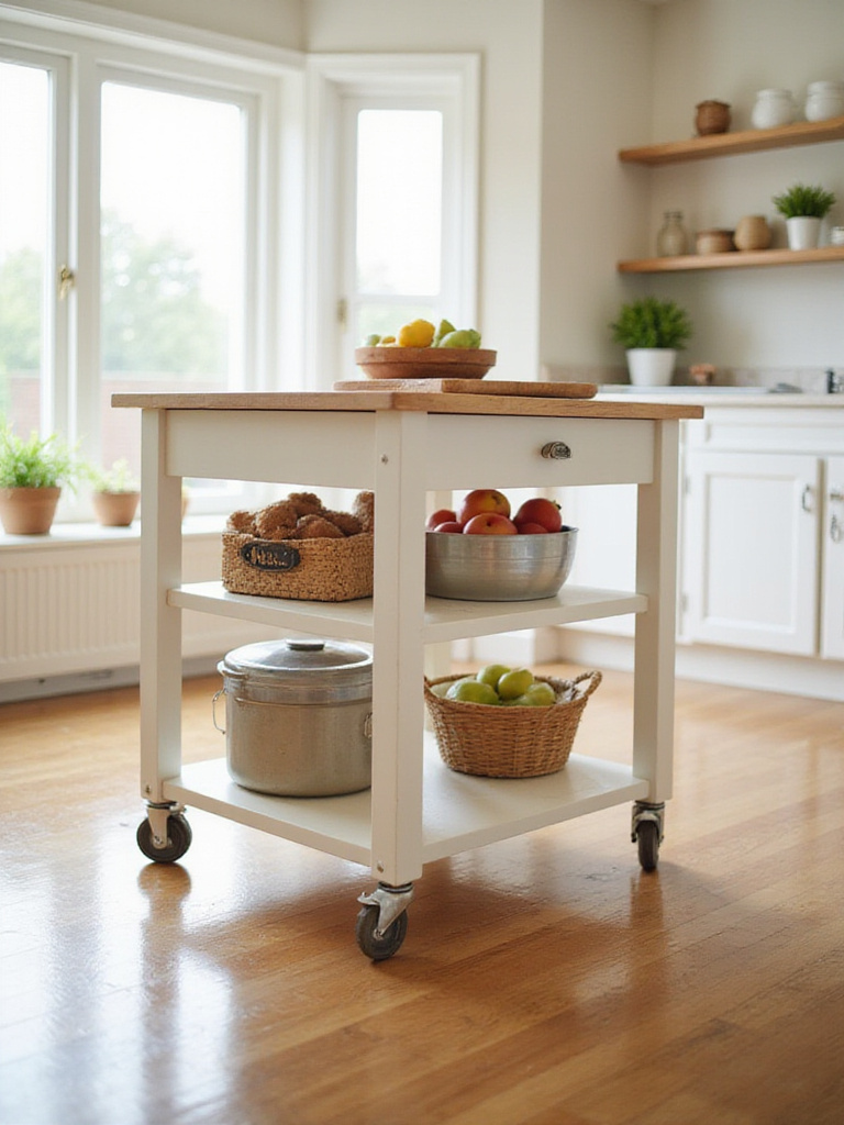 Mobile kitchen island on locking casters, offering a flexible layout in a home kitchen.
