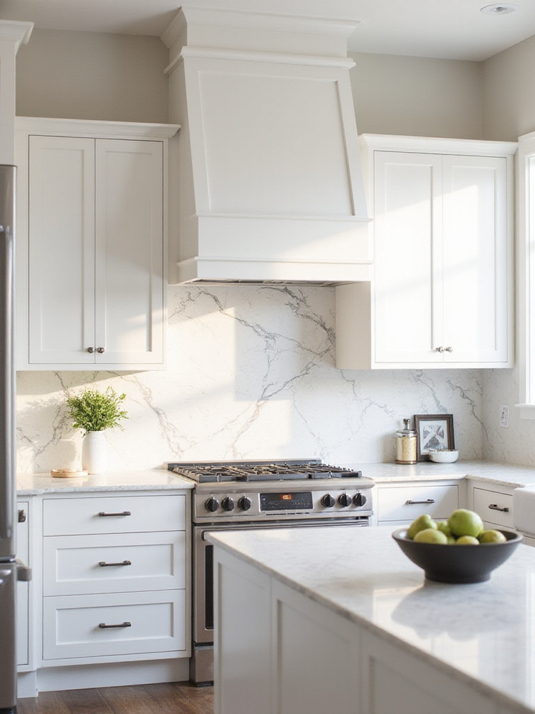 Modern kitchen with white cabinets and marble effect wallpaper backsplash.