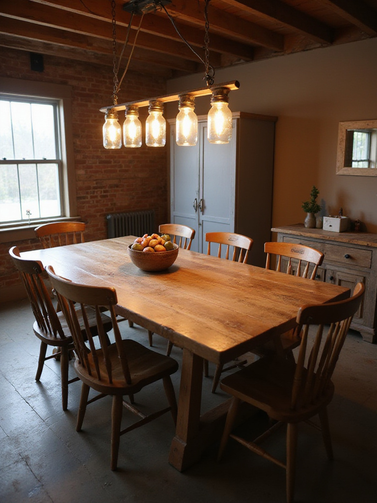 A rustic farmhouse dining room featuring a large reclaimed wood table and mismatched chairs, illuminated by a linear Mason jar chandelier with warm glowing bulbs hanging overhead.