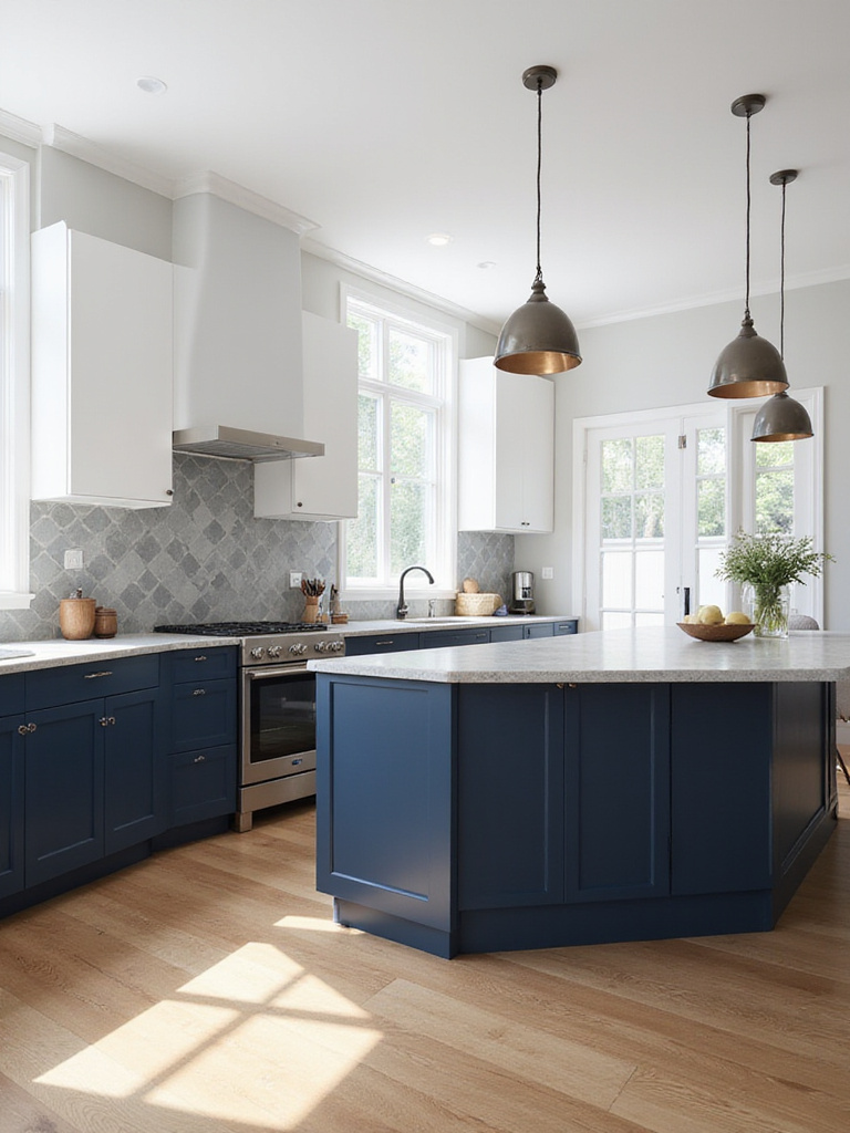 Modern kitchen showcasing a bold color palette with deep navy blue lower cabinets and island, white upper cabinets, light grey quartz countertops, and a geometric grey and white backsplash. Warm wooden flooring completes the look.