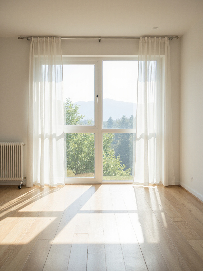 Minimalist living room filled with natural light through large windows.