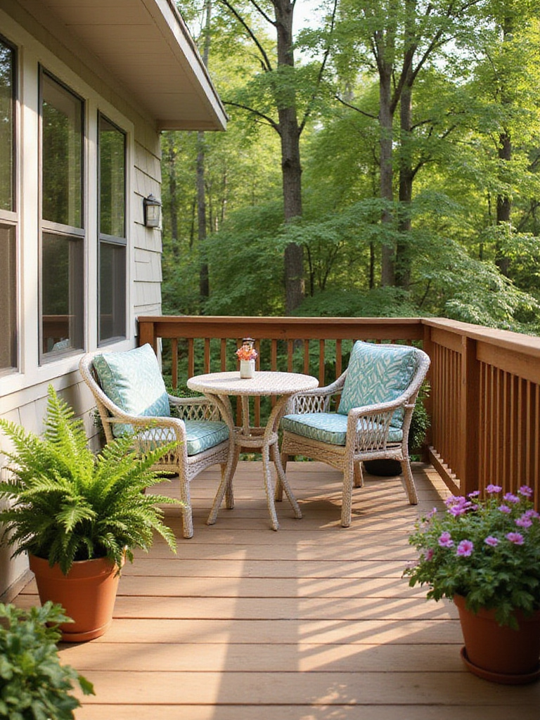 Charming wicker bistro set on a small deck surrounded by potted plants.