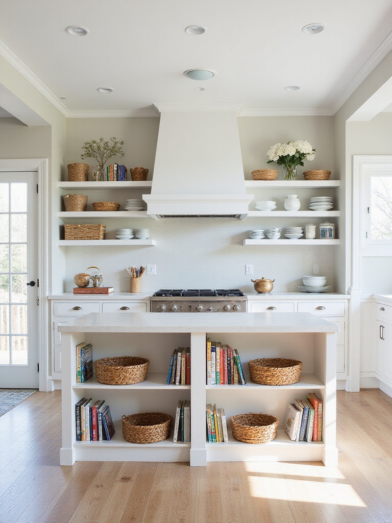 Kitchen island with open shelving for storage, showcasing cookbooks, dishes, and baskets in a modern kitchen design.