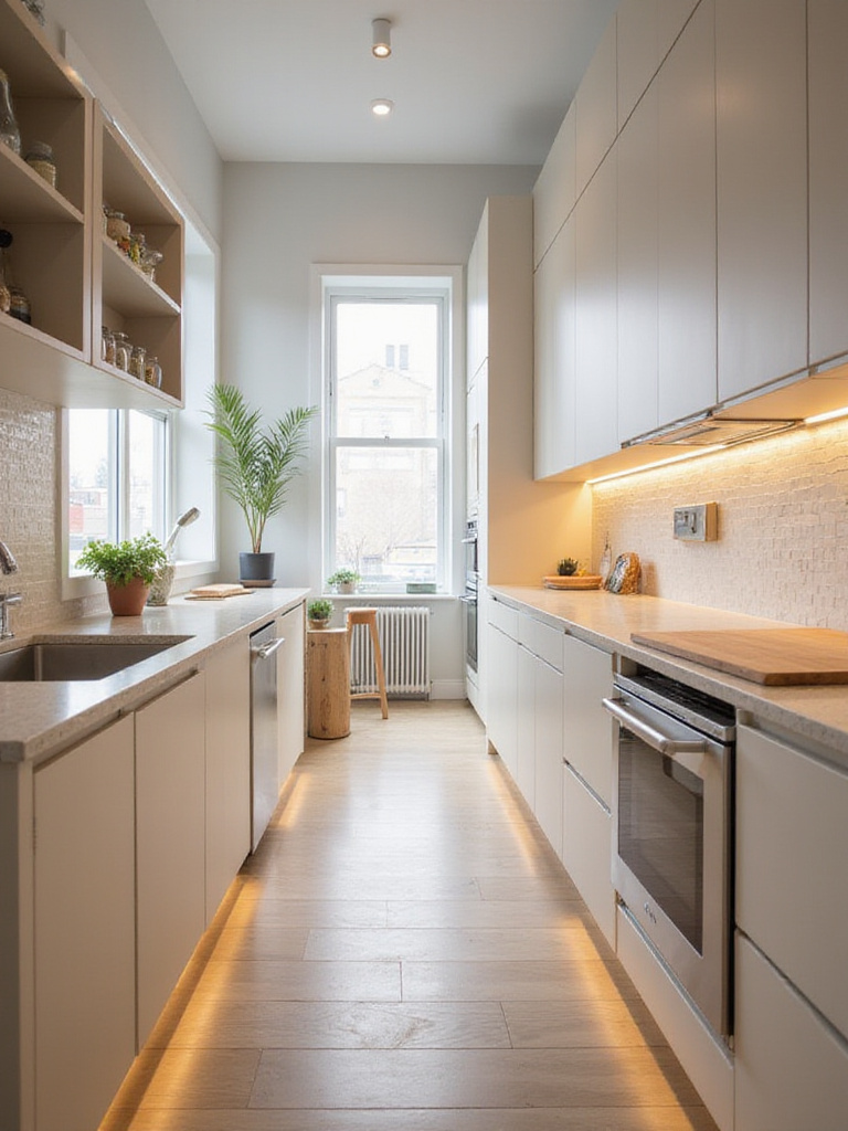 A view of a small, modern kitchen designed for maximum space utilization, featuring light cabinets, compact appliances, vertical storage, and bright lighting.