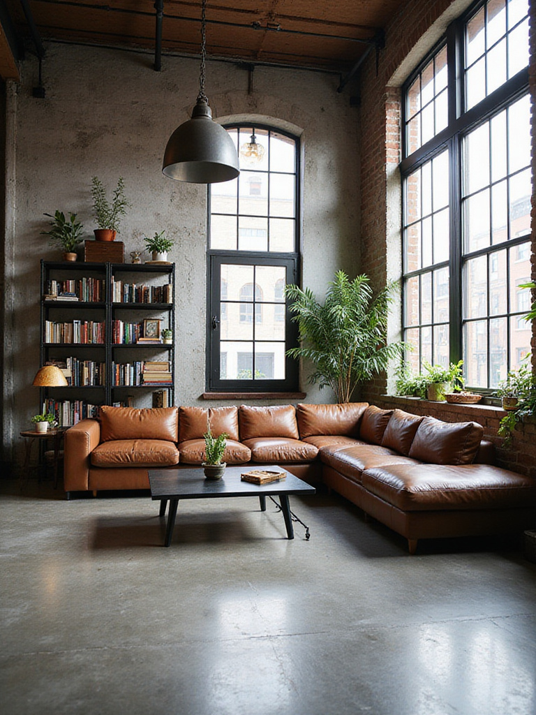 Industrial living room with metal accents, exposed brick, and leather sofa