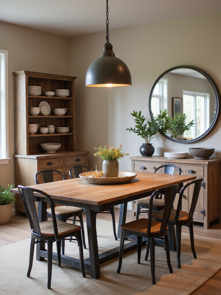 A farmhouse dining room featuring a wooden table with metal legs, chairs with metal frames, and an industrial-style metal pendant light, showcasing the blend of rustic and industrial elements.