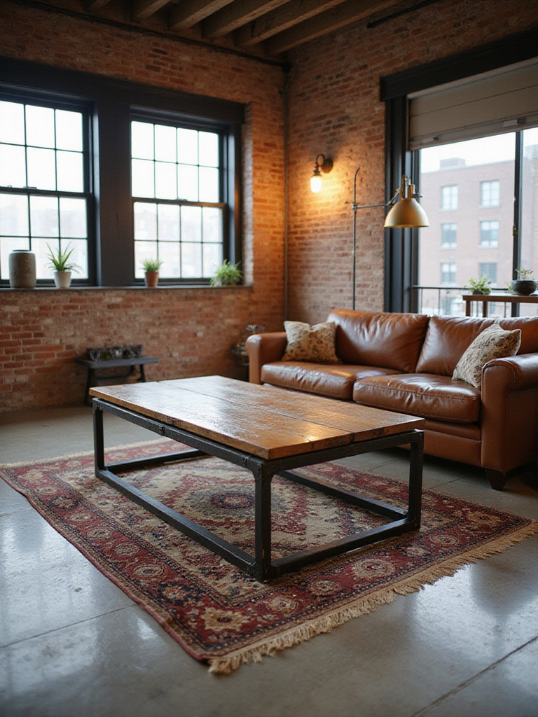 Industrial living room featuring a metal and reclaimed wood coffee table as a central element.