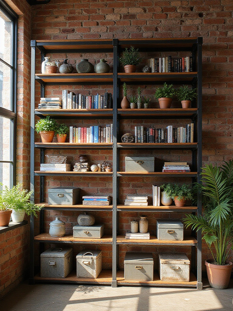 Industrial living room featuring a metal and wood shelving unit for functional storage and display.