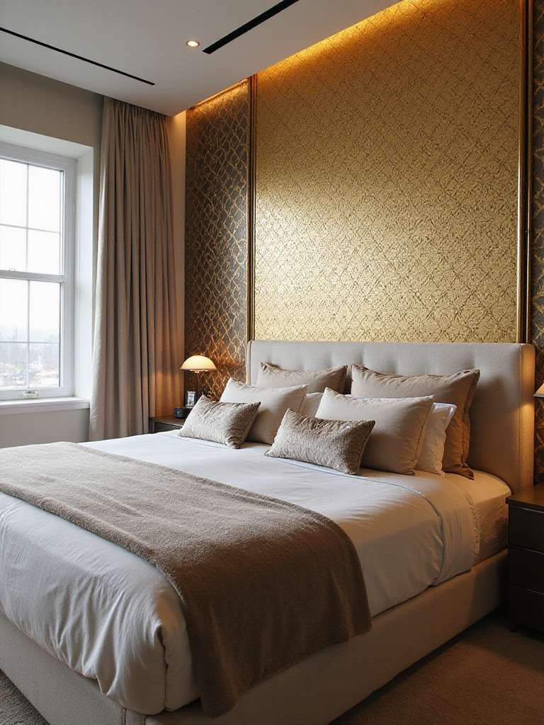 Master bedroom with gold geometric metallic wallpaper accent wall.
