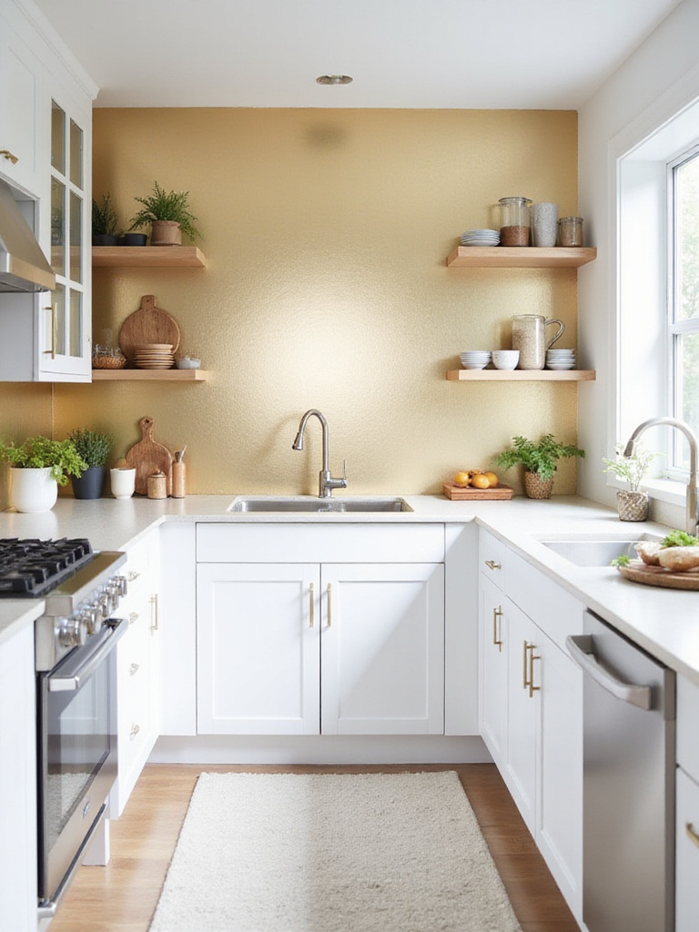 Modern kitchen with white cabinets and gold metallic wallpaper accent wall.