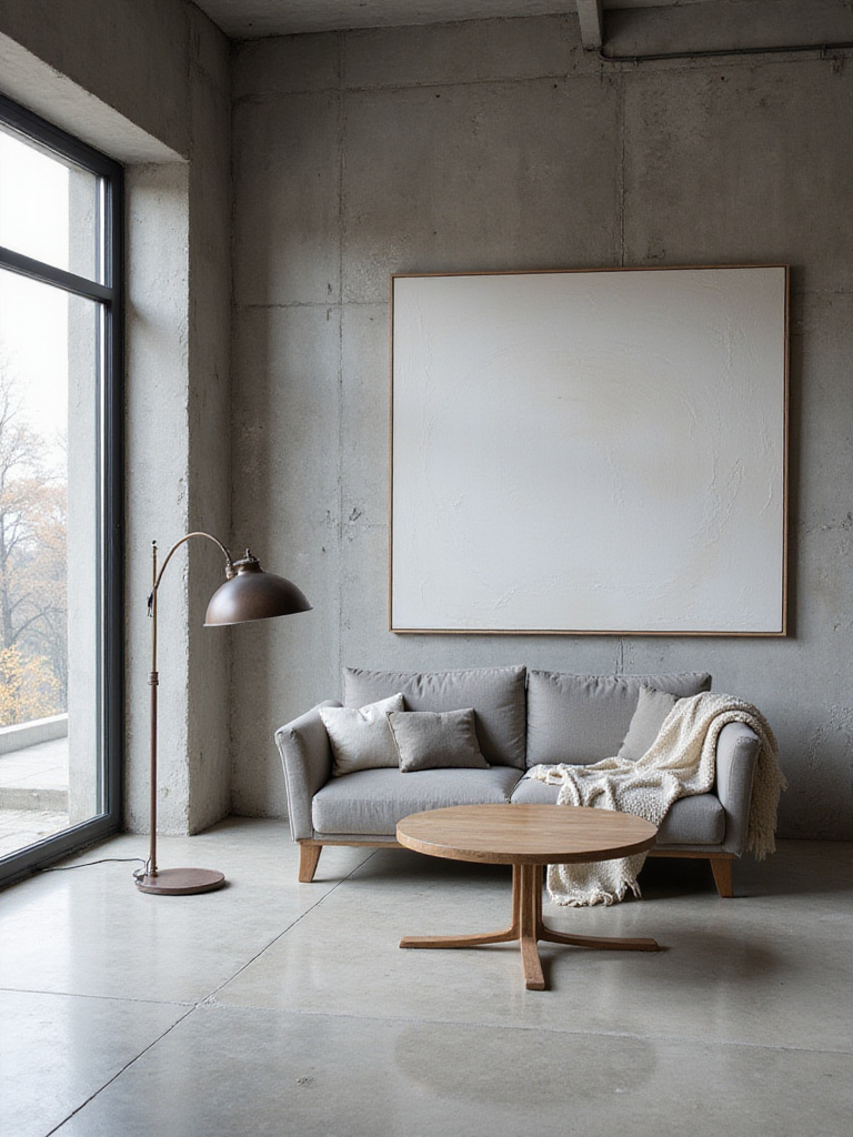 Minimalist industrial living room with exposed concrete and simple furniture.