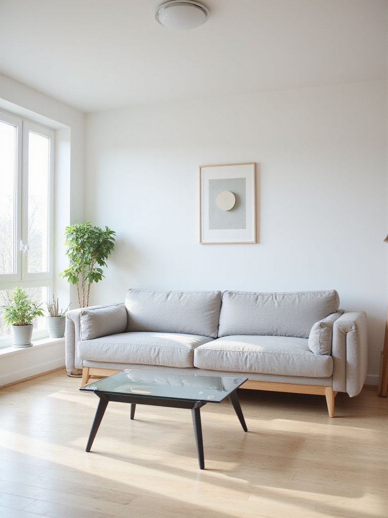 Modern living room with minimalist furniture, featuring a low-profile sofa and glass coffee table.