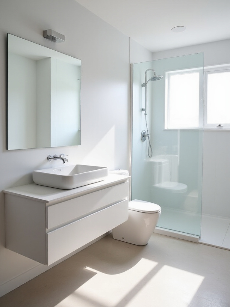 Minimalist bathroom design with floating vanity and frameless shower in a small space.