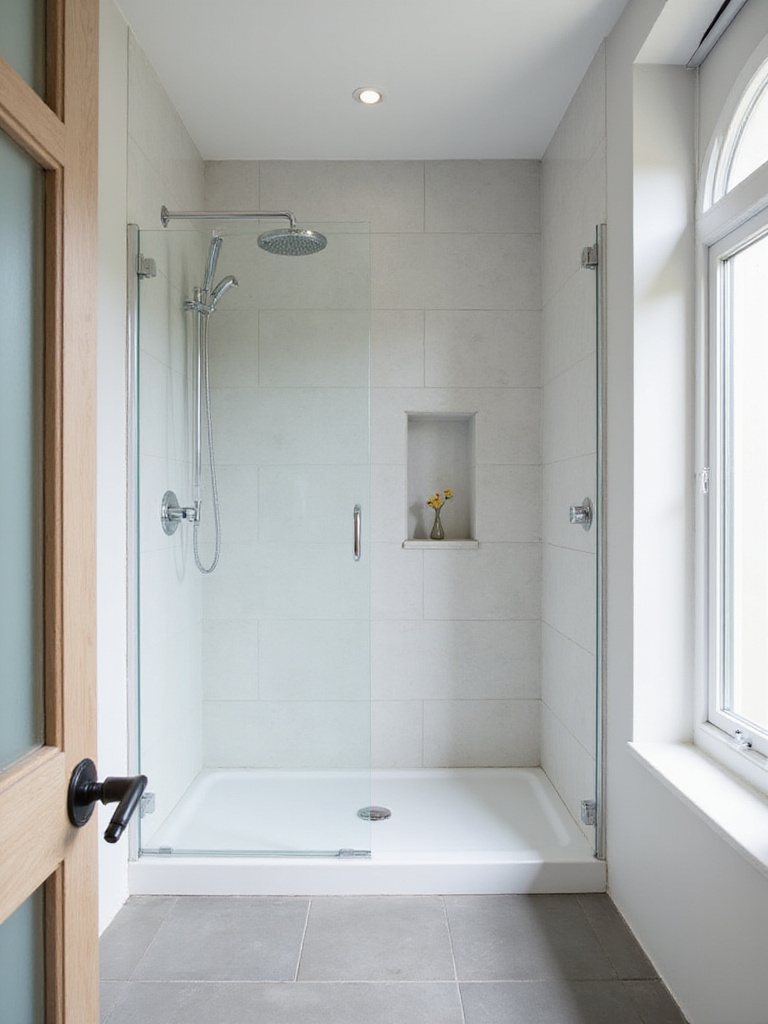 Small bathroom with a minimalist frameless glass shower