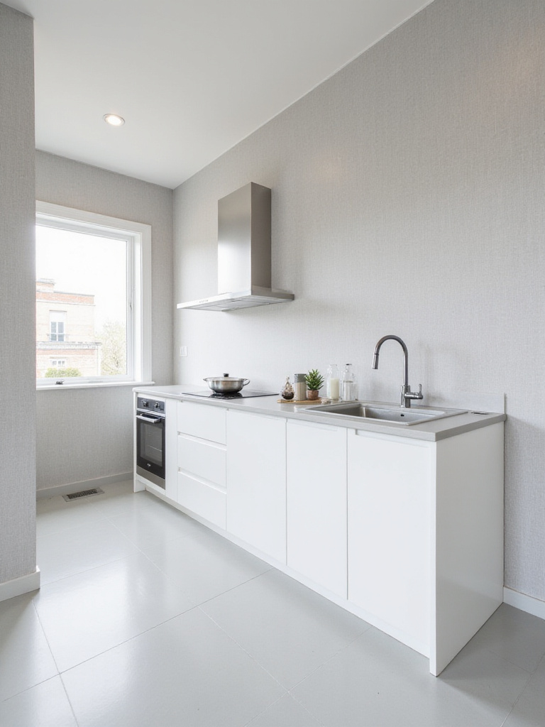 Minimalist light gray linen texture wallpaper in modern kitchen