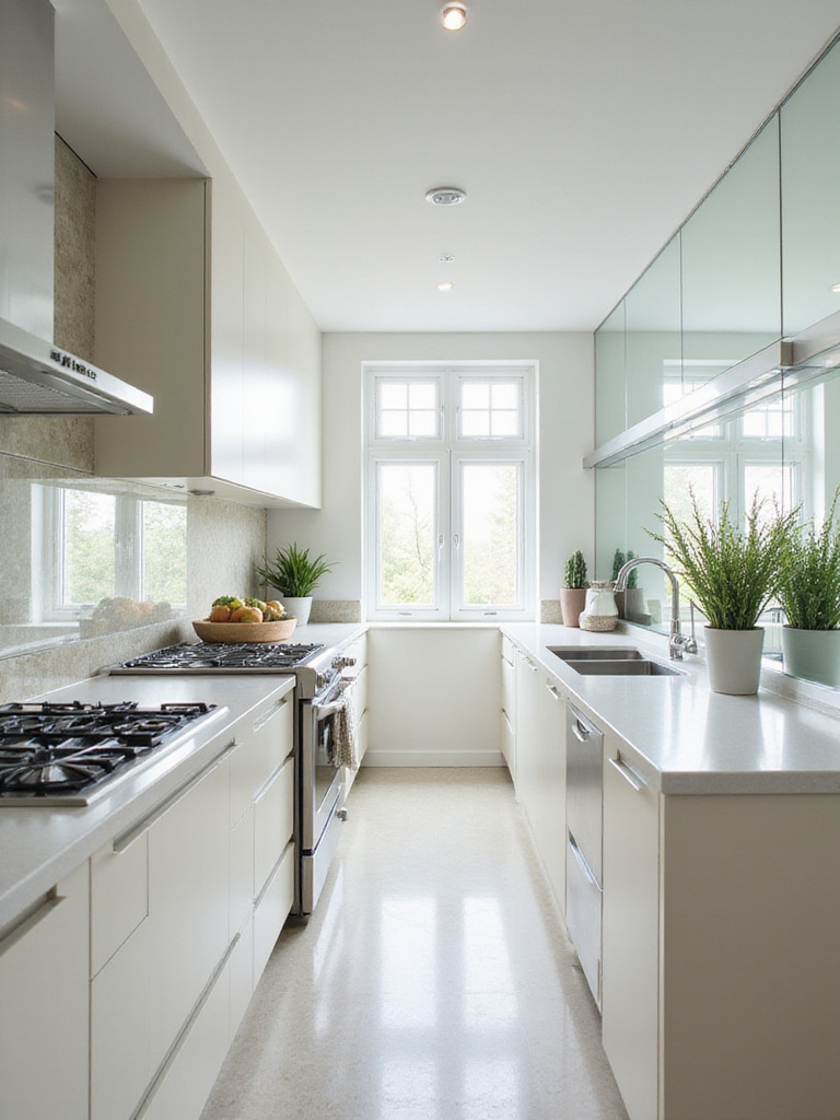 Small kitchen design with mirrored backsplash to maximize space.