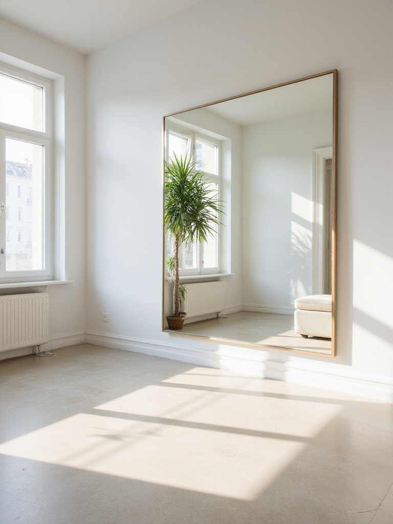Modern living room with large mirror reflecting window and natural light