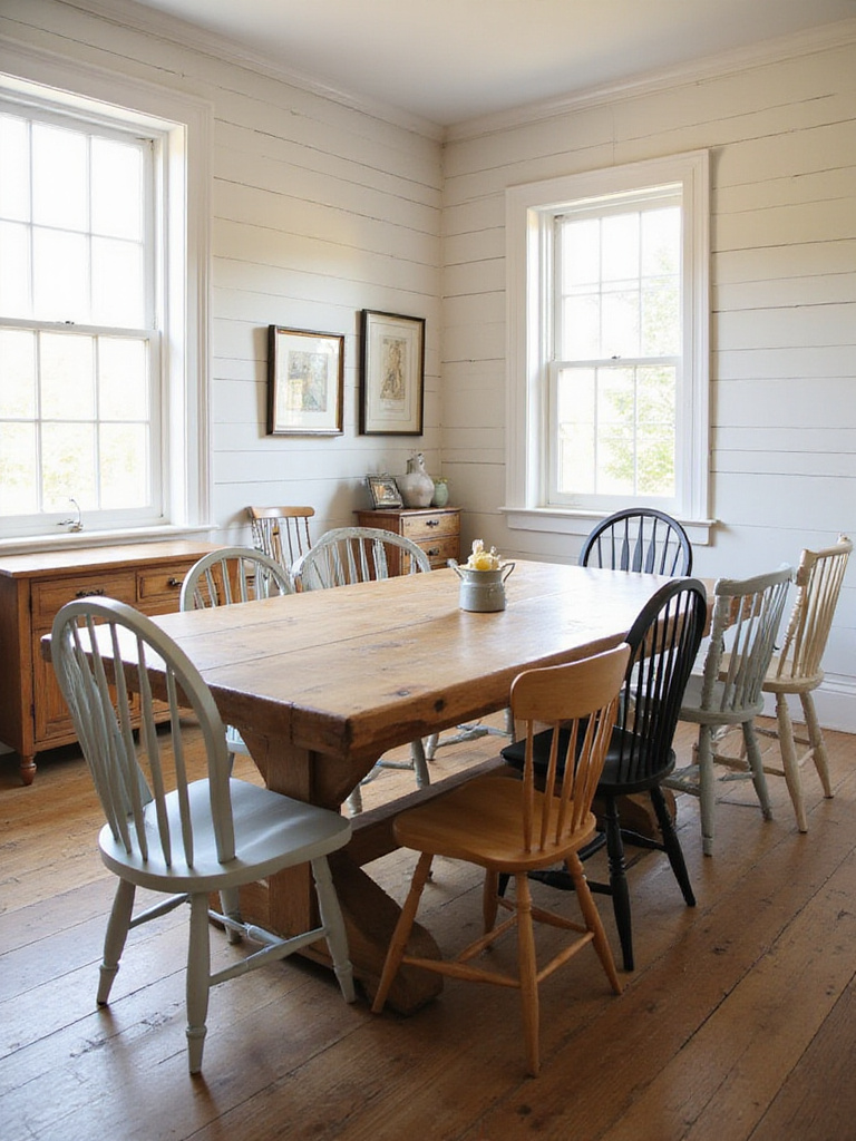 A farmhouse dining room with a long wooden table surrounded by a collection of mismatched chairs in various styles and finishes, illustrating an eclectic and charming seating arrangement.