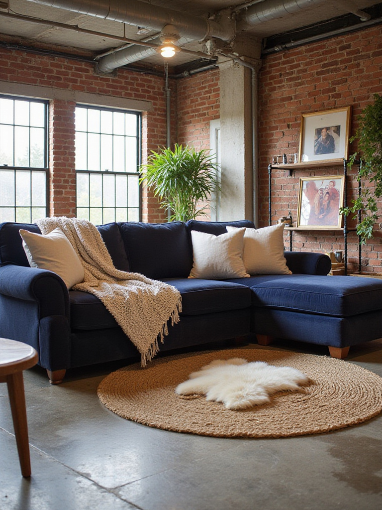 Industrial living room with exposed brick, velvet sofa, jute rug, and reclaimed wood coffee table, showcasing a mix of textures for warmth and depth.